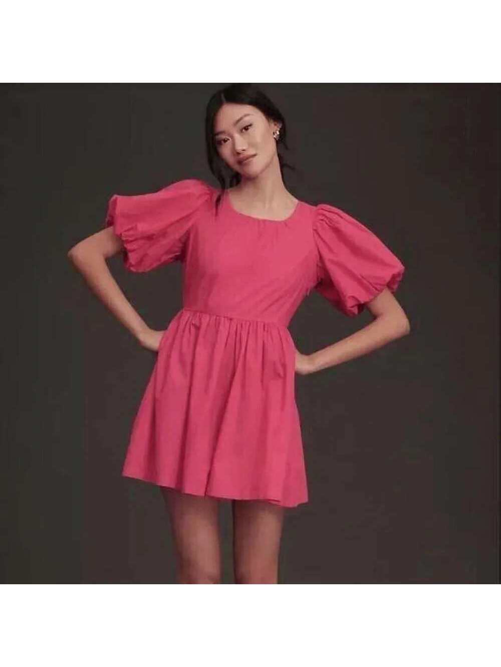 NEW By Anthropologie Sz 12 $148 Hot Pink 100% Cotton Puff Sleeve Tie Back Romper